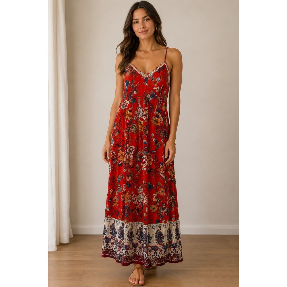 Patrons of Peace Red Floral Boho Maxi Dress Crochet Trim Smocked Back Medium - Picture 1 of 7